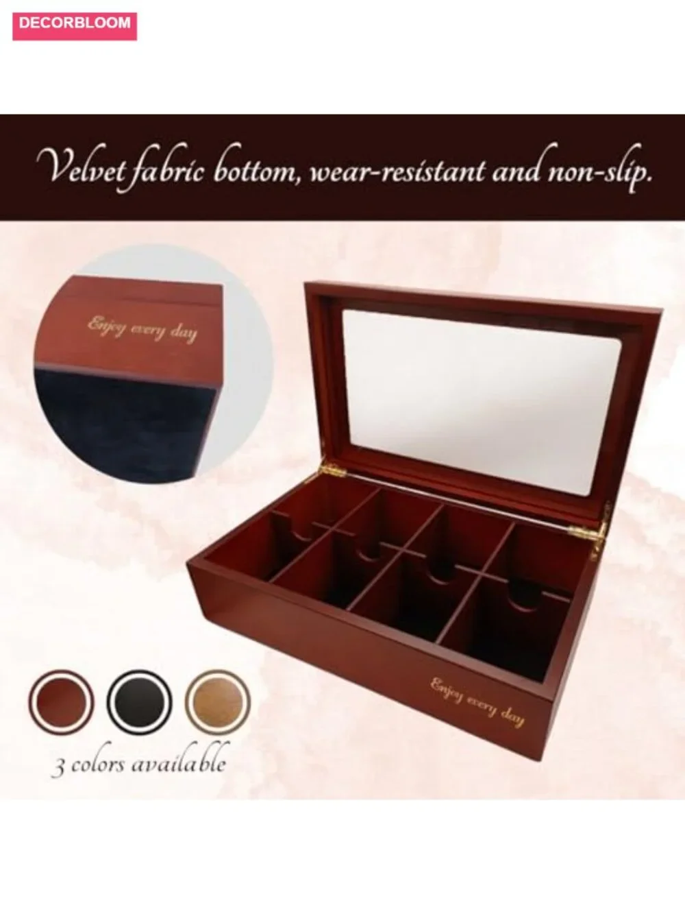 Wooden Tea Box with Glass Lid 8 Compartment Removable Dividers